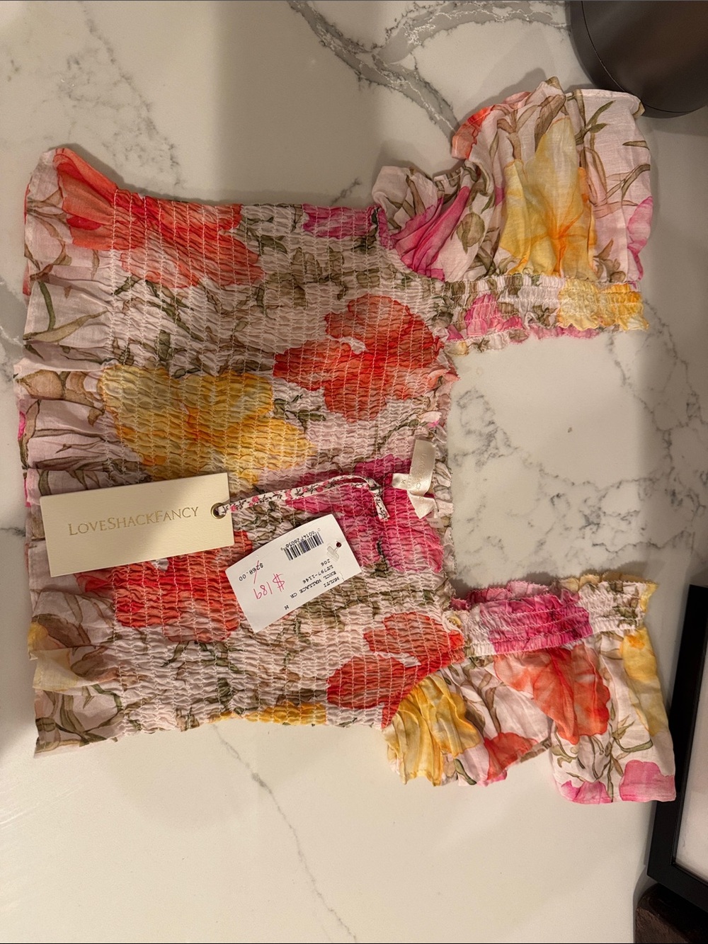 LoveShackFancy Pink Yellow Floral Smocked Ruffle Top